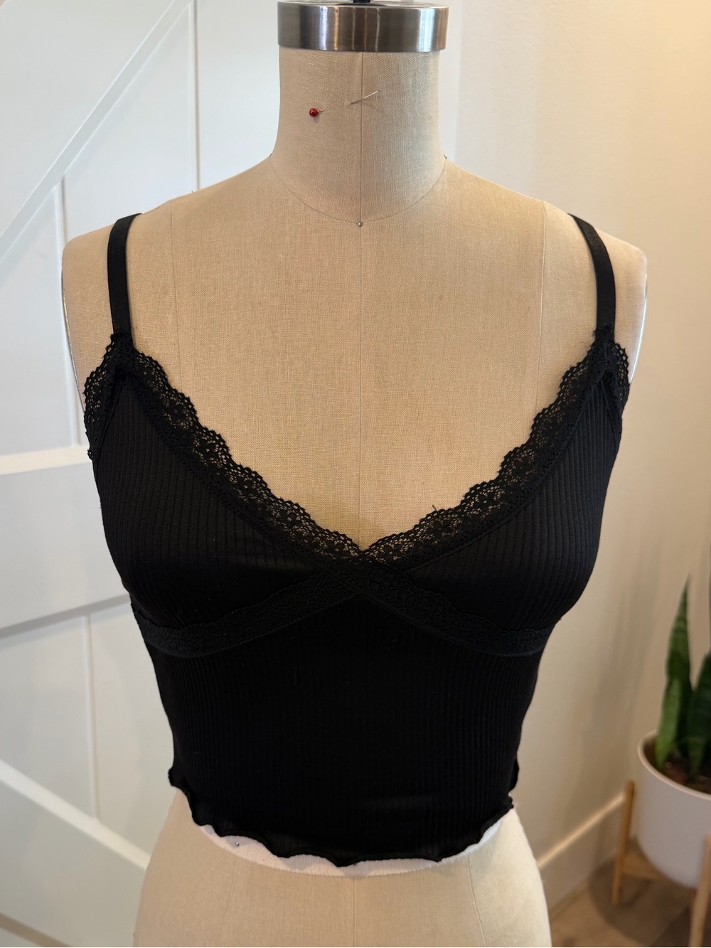 Divided Black Lace-Trim Ribbed Camisole